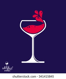 Simple vector wine goblet with splash, alcohol idea illustration. Stylized artistic glass of wine, romantic rendezvous object over dark backdrop.