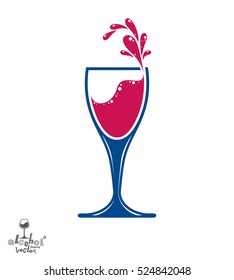 Simple vector wine goblet with splash, alcohol idea illustration. Stylized artistic glass of wine, romantic rendezvous object.