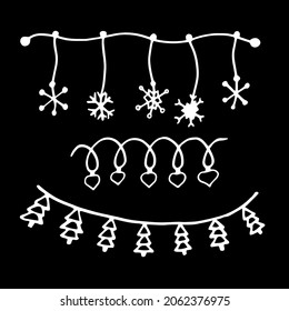 Simple vector winter Christmas doodle style illustration. Illustration drawn by hands in style of line art in white on black background. Creation of design for New Year, winter, Christmas