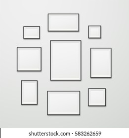 Simple vector wooden blank framers of different size. Vertical, horizontal and square realistic white frames with black border hanging on the wall.