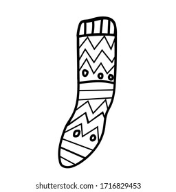 Simple vector woolen sock.Winter and autumn illustration with black lines on white isolated background doodle. Design for coloring, card, web, poster, logo, print.