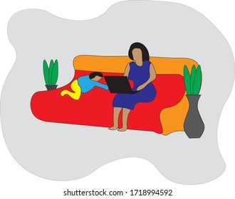 Simple vector of work from home woman with her child. Covid-19 related issue.