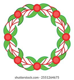 Simple Vector Wreath with Green Leaves and Red Flowers on White Background