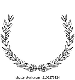 simple vector wreath, with leaves and abstract folk style decorations drawn with black on a white background