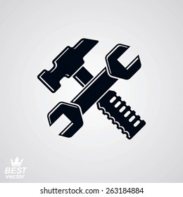 Simple vector wrench and hammer crossed. True graphic reparation utensil, industry theme icon, isolated on white. Classic mallet, detailed design illustration.