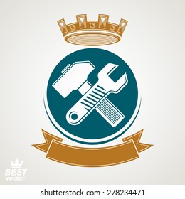Simple vector wrench and hammer crossed. Graphic reparation utensil with imperial crown and decorative ribbon. Industry theme icon - manufacturing award idea illustration. 
