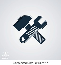Simple vector wrench and hammer crossed. True graphic reparation utensil, industry theme icon, isolated on white. Classic mallet, detailed design illustration.