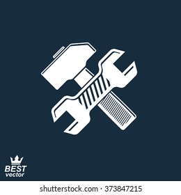 Simple vector wrench and hammer crossed. Graphic reparation and industry theme icon. Classic mallet, detailed design illustration.