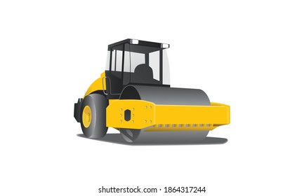 simple 3d Composant jaune vectoriel, rouleau de route vibratoire et pavé asphalté, illustration vectorielle d'équipement lourd eps10. Isolé sur fond blanc