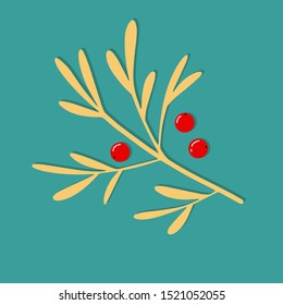 Simple vector yellow mistletoe branch with red berries isolated on mint green background. Holiday winter concept