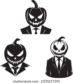 Simple and vectorized design of black and white silhouette of a jack o’ lantern, man pumpkin head, Halloween cartoon set collection