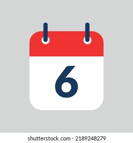 Simple vectorized and editable calendar flat icon saved in eps 10, marking day 6.