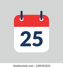 Simple vectorized and editable calendar flat icon saved in eps 10, marking day 25.