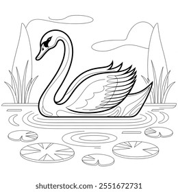 A simple vector-style illustration of an elegant swan floating gracefully on a calm pond.