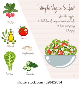 Simple Vegan Salad recipe layout with food icons set vector illustration