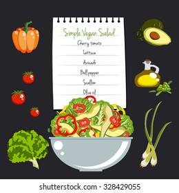 Simple Vegan Salad recipe layout with food icons set vector illustration