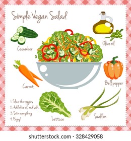 Simple Vegan Salad recipe layout with food icons set vector illustration