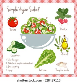 Simple Vegan Salad recipe layout with food icons set vector illustration