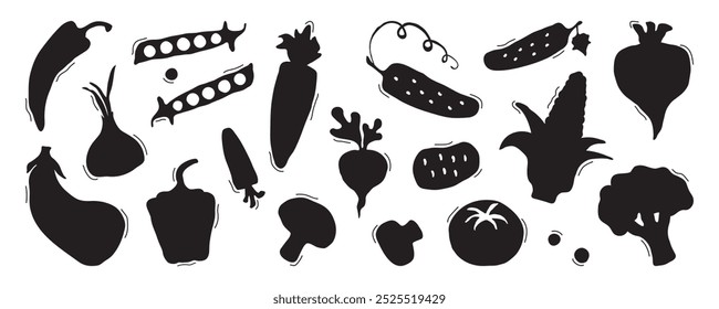 Einfache Gemüse-Ikone, schwarze Silhouette, Salat-Zeichnung Essen. Agrar-Schriftzeichen-Doodle-Set einzeln auf weißem Hintergrund. Zwiebel, Tomate, Pfeffer, Mais. Cartoon Bauernhöfe Lebensmittelgeschäft. Naive Vektorgrafik