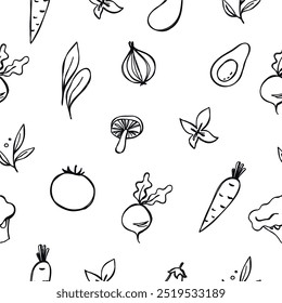 Legumes simples no estilo doodle. Comida natural desenhada à mão. Padrão sem emenda do vetor