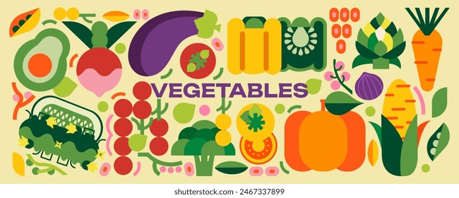 Simple vegetables vector food illustration. Cherry tomatoes, beets, corn, peppers, eggplant, cucumbers, broccoli, carrots, pumpkins, avocados, onions, peas, beans and artichokes