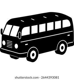 A simple, versatile black and white vector illustration depicts a classic school bus or passenger van in a side view. 