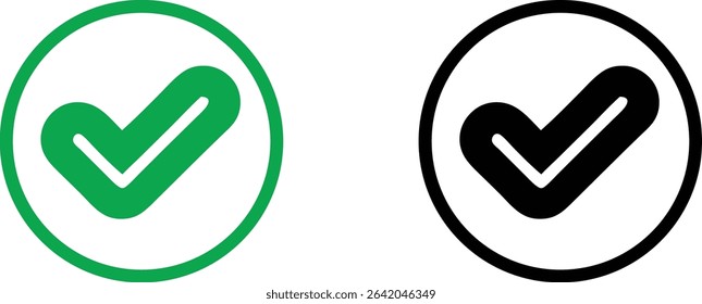 A simple and versatile checkmark icon set, featuring both green and black versions within circular frames. Ideal for app design, websites, and presentations to indicate completion or approval.