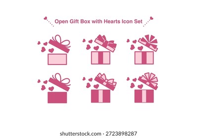 Un conjunto de iconos de caja de regalo de corazón simple y versátil. Con una caja de regalo abierta con corazones, adecuada para el Día de San Valentín, celebraciones, campañas y uso diario del diseño. Ideal para Web, App, presentaciones, redes sociales y materiales impresos.