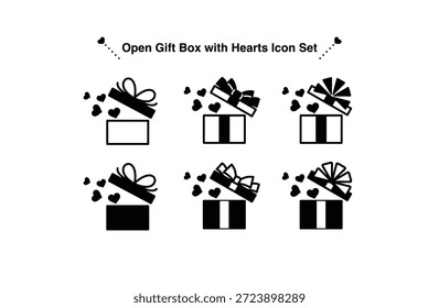 Un conjunto de iconos de caja de regalo de corazón simple y versátil. Con una caja de regalo abierta con corazones, adecuada para el Día de San Valentín, celebraciones, campañas y uso diario del diseño. Ideal para Web, App, presentaciones, redes sociales y materiales impresos.