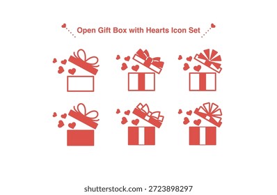 Un conjunto de iconos de caja de regalo de corazón simple y versátil. Con una caja de regalo abierta con corazones, adecuada para el Día de San Valentín, celebraciones, campañas y uso diario del diseño. Ideal para Web, App, presentaciones, redes sociales y materiales impresos.
