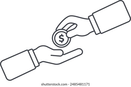 A simple and versatile vector illustration of two hands exchanging a coin, symbolizing concepts like donation, charity, support, or business transactions.