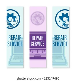 Simple vertical banner of computer repair service. Technical support. Vector illustration isolated on a white background.
