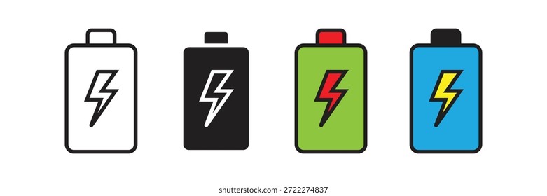 Simple vertical battery icons with a bold lightning bolt, perfect for mobile power status, energy efficiency, and electric charging symbols.