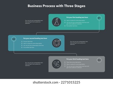 Plantilla de proceso de negocio vertical simple - versión oscura. Concepto de tres etapas con íconos minimalistas.