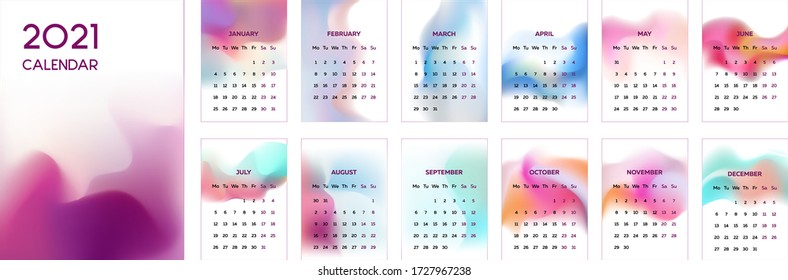 Simple vertical calendar for 2021, editable business template with blur styled graphics