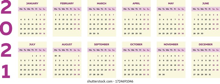 Simple vertical calendar for 2021, flat editable business template with boxes