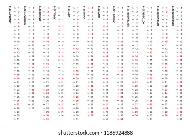 Simple vertical calendar template year 2019