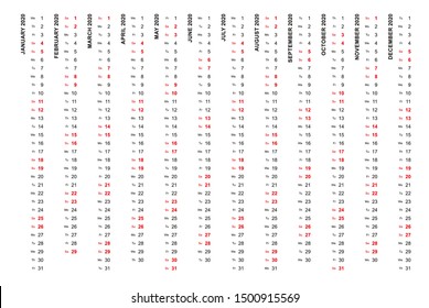 Simple vertical calendar template year 2020. Vertical vector calendar.