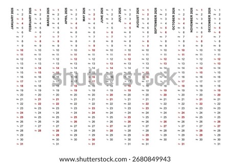 Simple vertical calendar template year 2026. Vertical vector calendar.