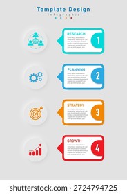 Simple vertical infographic template 4 steps to business planning. The button on the left has an icon in the center. The multi-colored squares on the right have text on a white background.