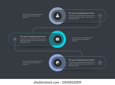 Simple vertical process infographic template with three options - dark version. Flat presentation diagram with thin lines and minimalistic icons.