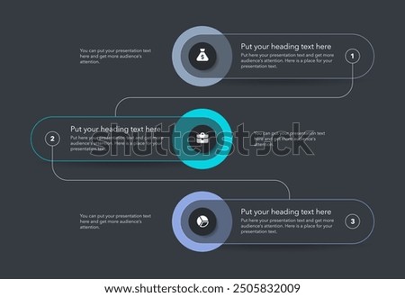 Simple vertical process infographic template with three options - dark version. Flat presentation diagram with thin lines and minimalistic icons.