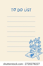 Lista de pendências vertical simples com linhas pontilhadas no plano de fundo claro. Ilustração de recife de coral, concha e estrela-do-mar no canto. Design imprimível limpo para planejador de verão ou diário de férias.