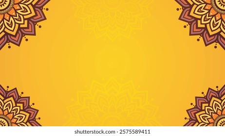 Simple Vibrant Elegant Yellow Horizontal Background with Symmetrical Layout Of Ornate Mandala Corners and Stylish Patterns for a Bright and Cheerful Look