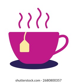 Un icono plano simple y vibrante de una taza de té humeante con una bolsita de té en un platillo. Perfecto para menús de cafetería, temas de desayuno y conceptos de bebidas acogedoras.
