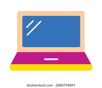 Una ilustración plana simple y vibrante de una computadora portátil abierta en colores brillantes y pop art. Aislado en blanco, este gráfico es perfecto para temas de tecnología, negocios creativos y Diseño web.
