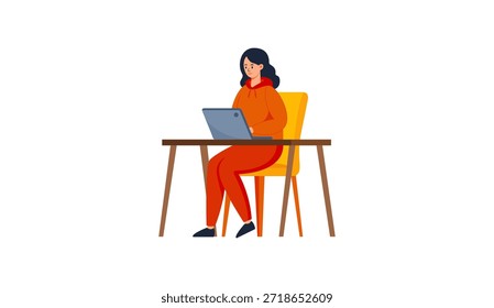Uma ilustração vetorial simples e vibrante em estilo plano de uma jovem sentada em uma mesa, focada em trabalhar ou estudar usando um notebook. Ideal para conceitos como trabalho remoto, aprendizagem on-line, freelancer, escritório doméstico, produtividade, estilo de vida digital, mulher moderna ou profissional independente em um design limpo e colorido. 
