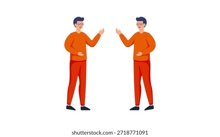 Uma ilustração vetorial simples e vibrante em estilo plano de dois homens idênticos na conversa, ambos gestando com as mãos como se falassem ativamente ou explicassem ideias. Perfeito para conceitos como comunicação, diálogo, discussão, negociação, amizade, trabalho em equipe, conversa por conta própria ou conversa de negócios em um design moderno limpo