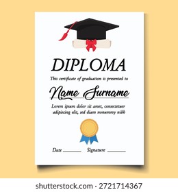 Simple vibrant graduation diploma template with academic hat and medal ideal for school ceremony celebration design