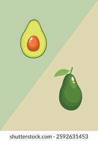 A simple and vibrant illustration of an avocado, featuring both a sliced half with a visible seed and a whole fruit with a leaf. The background is divided diagonally into two soft pastel shades